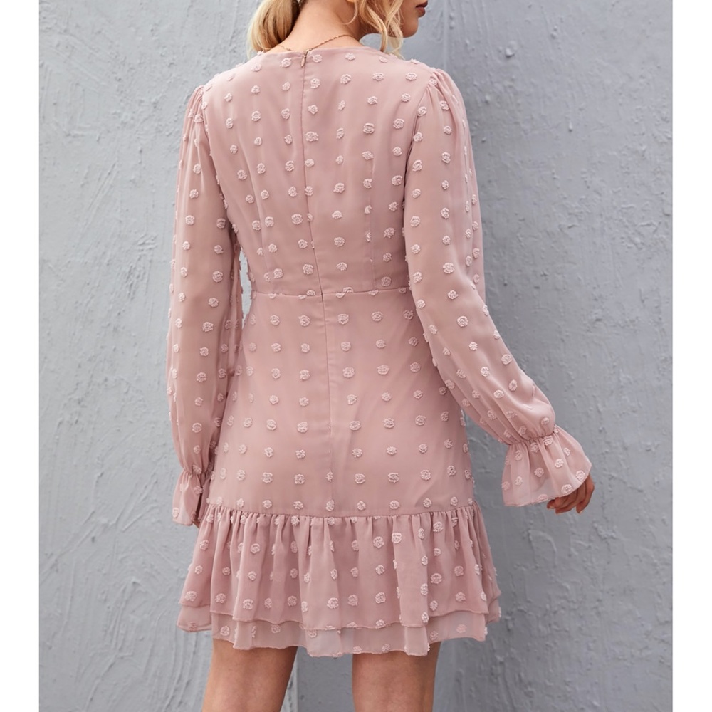 Dusty Pink Lace Insert Swiss Dot Layered Dress - Picture 2 of 6